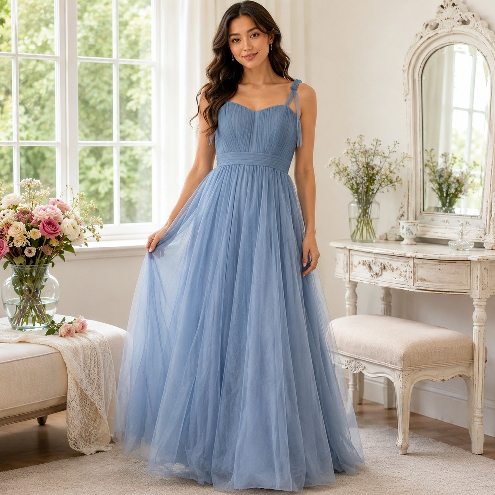 Dusty Blue Tulle Corset Back Formal Gown A-Line Bridesmaid Prom Dress H224